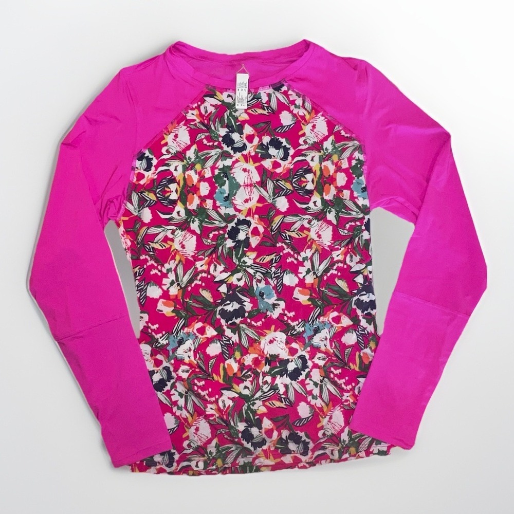 Maaji Women's Pink Floral Long Sleeve Rash Guard Dive Swim Top Size Medium NEW